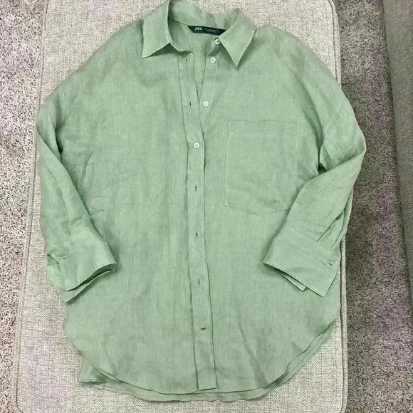 Zara Oversized Green Linen Blend Button Down - Picture 1 of 5